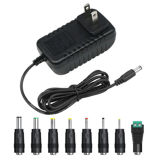 Picture of Tugermoola 12V 1A AC Power Supply Adapter Cord with 8 Interchangeable DC Plugs for Security Camera CCTV, Router, LED Strip 12VDC Power Adapter OLA017