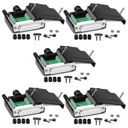 Picture of ANMBEST 5PCS DB25 Solderless Connector, RS232 D-SUB Serial to 25-pin Port 16mm Thinner Terminal Female Adapter Breakout Board with Case Long Bolts Nuts
