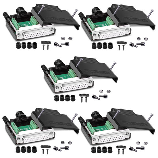Picture of ANMBEST 5PCS DB25 Solderless Connector, RS232 D-SUB Serial to 25-pin Port 16mm Thinner Terminal Female Adapter Breakout Board with Case Long Bolts Nuts