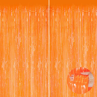 Picture of Orange Metallic Tinsel Foil Fringe Curtains, 2 Pack 3.3x8.3 Feet Party Streamer for Birthday Party Decorations, Halloween Decor, Foil Curtain for Bachelorette Party