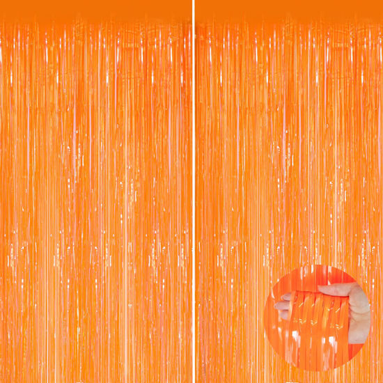 Picture of Orange Metallic Tinsel Foil Fringe Curtains, 2 Pack 3.3x8.3 Feet Party Streamer for Birthday Party Decorations, Halloween Decor, Foil Curtain for Bachelorette Party
