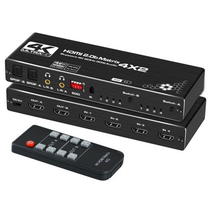 Picture of avedio Links 4K@60Hz 4x2 HDMI Matrix Switch, HDMI 2.0b Matrix Switch 4 in 2 Out, 4K HDMI Switcher Splitter + Optical and L/R Audio Output, Scaler EDID with Remote, HDCP2.2, HDR 10