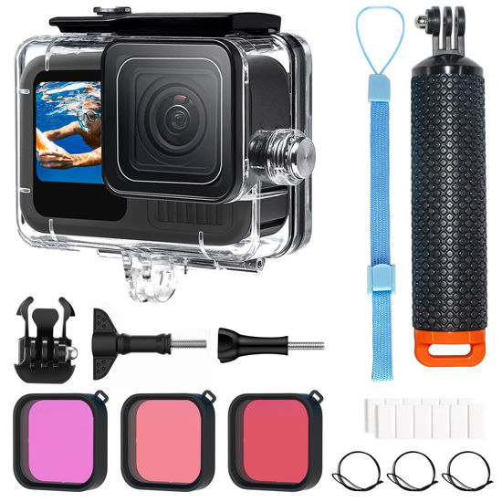 Picture of OKFUN Waterproof Housing Case with 3Pack Filters for Go Pro Hero 13 Hero 12 Hero 11 Hero 10 Hero 9 Black,Protective Underwater Dive Shell Monopod Floating Hand Grip Pole Stick Action Camera Accessory