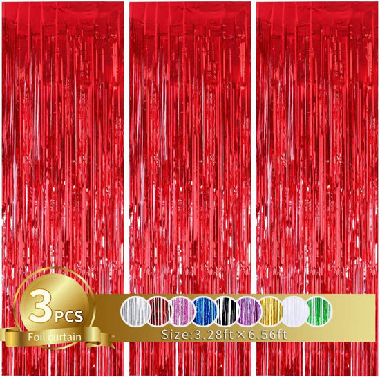 Picture of TONIFUL 3Pcs Red Streamers,Red Photo Booth Backdrop Metallic Streamers Red Foil Fringe Curtain for Birthday,Christmas,New Year,Bachelorette,Graduation,Grad Party Streamers Decor(9.9ft x 6.6ft)
