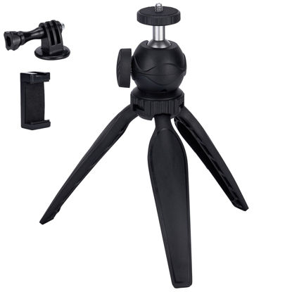 Picture of Mini Camera Tripod with Phone Holder & GoPro Mount,360° Ball Head Extendable Small Selfie Stick Tabletop Tripod Manfrotto Tripod for DSLR Camera,Gopro,Webcam,iPhone,Webcam Portable Cellphone Stand