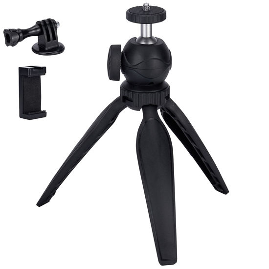 Picture of Mini Camera Tripod with Phone Holder & GoPro Mount,360° Ball Head Extendable Small Selfie Stick Tabletop Tripod Manfrotto Tripod for DSLR Camera,Gopro,Webcam,iPhone,Webcam Portable Cellphone Stand