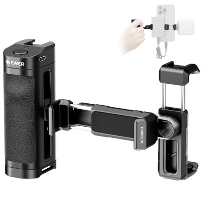 Picture of NEEWER Bluetooth Side Handle Shutter Release with 2.2"-3.2"/55-82mm 360° Phone Clamp & SSD Holder, Cold Shoes, 100mAh Rechargeable Battery for iPhone 16 15 Pro Max Plus Samsung T5/T7/T9 SSD, PA028E