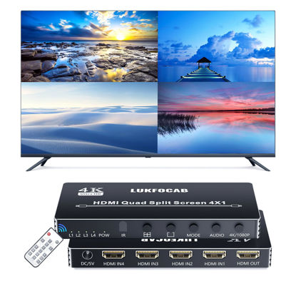 Picture of LUKFOCAB HDMI Multi-Viewer 4X1, Seamless Switcher 4 in 1 Out, Quad Multi Viewer Switcher with IR Remote, Supports 4K 30Hz, 5 Display Modes for Security Camera, Gaming Consoles