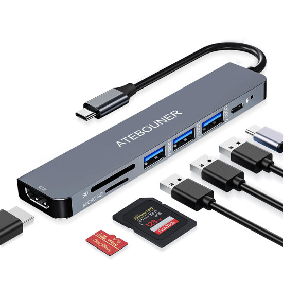Picture of MacBook Adapter Multiport USB c hub multiport Adapter MacBook USB Adapter USB hub USB c 7 in 1 usbc dongle with 4K HDMI 100W PD USB 3.0 hub with sd Card Reader usbc hub USB Adapter for MacBook Air