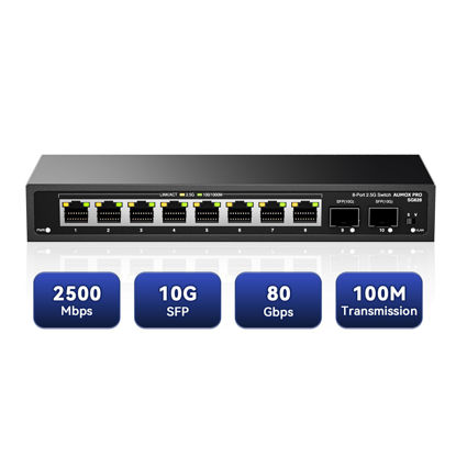Picture of 10 Port 2.5Gb Unmanaged Ethernet Switch with 8* 2.5G Base-T Ports, 2*10G SFP Ports, AUMOX PRO 80 Gbps Vlan Switching Capacity Compatible with 100/1000/2500Mbps for Wireless AP, NAS, PC Plug and Play