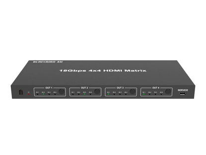 Picture of Monoprice Blackbird 4K 4x4 HDMI Matrix, 18G, 4K@60Hz, YCbCr 4:4:4, EDID, 4K to 1080p Downscaler, IR, HDR, HDR10, HDR10+, and Dolby Vision Passthrough