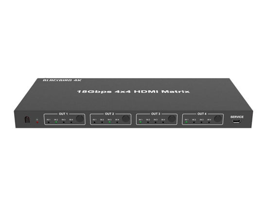Picture of Monoprice Blackbird 4K 4x4 HDMI Matrix, 18G, 4K@60Hz, YCbCr 4:4:4, EDID, 4K to 1080p Downscaler, IR, HDR, HDR10, HDR10+, and Dolby Vision Passthrough