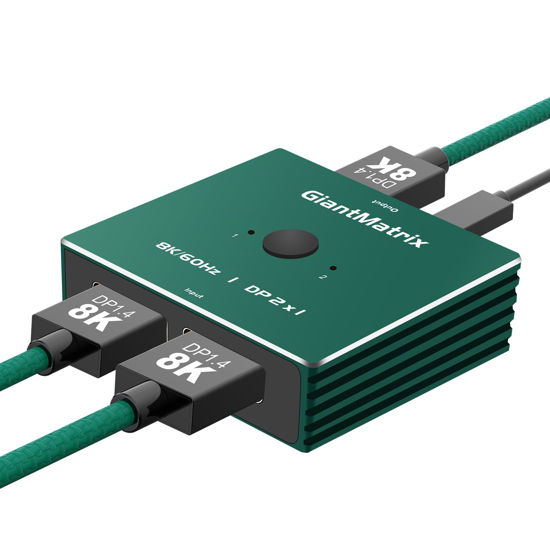 Picture of Uni-Directional Display Port Switch Splitter 2 in 1 Out， DP 2.0 Switcher Supports 8K@60Hz 4K 144HZ/200HZ/240HZ, for 2 Computers 1 Monitor Compatible with PC Laptop Host Monitor and More