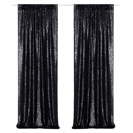 Picture of Poise3EHome Black Sequin Backdrop Curtains, 2 Panels Black Sequin Backdrop, 2FTx8FT Sequin Curtains for Party Halloween Christmas Sequence Backdrop