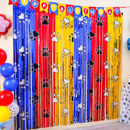 Picture of Bupelo Paw Birthday Decorations, 2 Pack Gold Red and Blue Paw Birthday Party Supplies 3.3 x 6.6ft Tinsel Foil Fringe Curtains Photo Booth Props Backdrop Streamers, House Doorway Room Decor for Kids