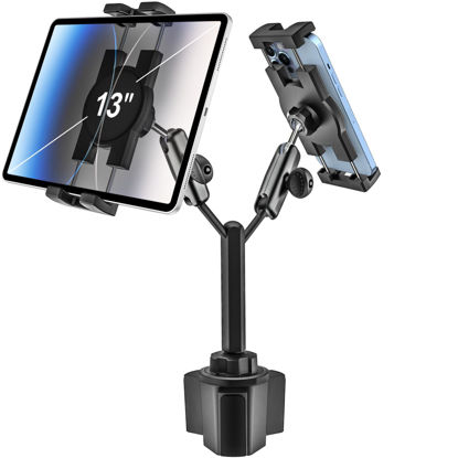 Picture of woleyi Dual Tablet Holder for Car Cup - [Double Metal Arm] Heavy Duty Adjustable Car Cup Holder Tablet Mount for Truck, Compatible with iPad Pro Air Mini, Galaxy Tabs, Z Fold, iPhone, 4.7-13" Devices