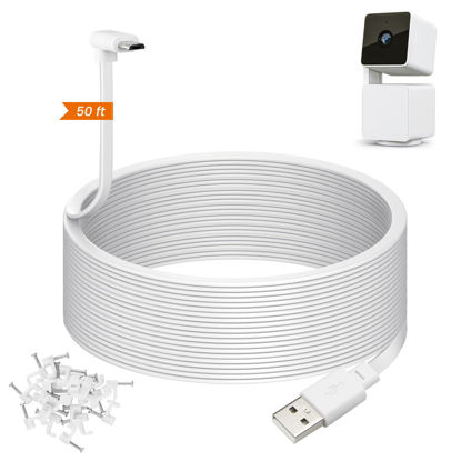 Picture of weishan 50ft Power Extension Cable Compatible with Wyze Cam Pan v3 Security Camera - 15m Long Flat USB to Micro USB L-Shaped 90 Degree Charging Cord, White