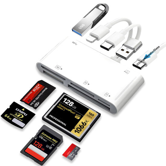 Picture of 9-in-1 Memory Card Reader Universal Card Reader for iPhone/iPad, CF/SD/MicroSD/MS/XD Card Reader & USB OTG Adapter with USB/USB-C/Lightening Connector for iPhone 16/iPad Pro/Samsung Galaxy/MacBook etc