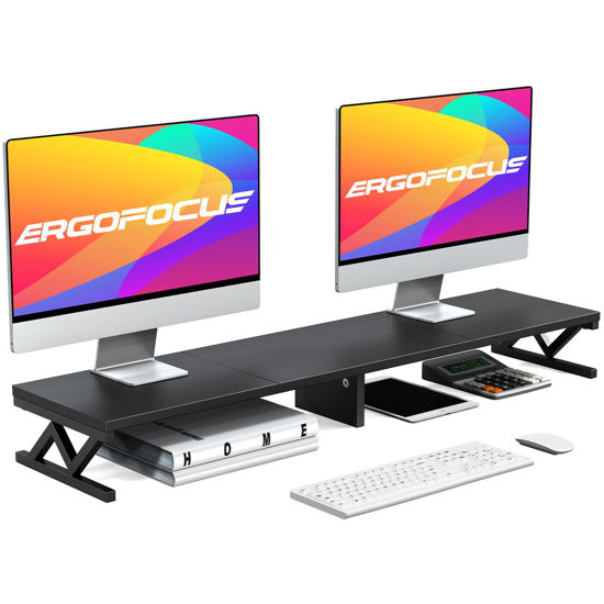 Picture of ErgoFocus Dual Monitor Stand Riser, Large Wood Monitor Riser for 2 Monitors, Monitor Lift with Storage for Desk, Sturdy Wood&Steel Multi Screen Stand, Desktop Organizer Monitor Stand for Computer