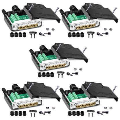 Picture of ANMBEST 5PCS DB25 Solderless Connector, RS232 D-SUB Serial to 25-pin Port 16mm Thinner Terminal Male Adapter Breakout Board with Case Long Bolts Nuts