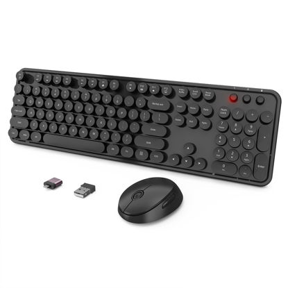 Picture of Wireless Keyboard and Mouse Combo, Ergonomic Full Size Typewriter Retro Round Keycaps Keyboard, Compatible with Windows, PC, Perfer for Home and Office Keyboards (Black