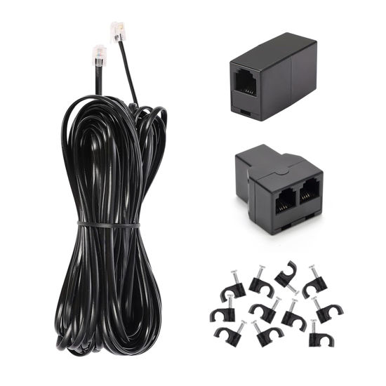 Picture of Long Telephone Extension Cord 50FT, Black, Phone Cable Line Wire with Standard RJ11 Plug, 1 Phone Line Splitter, 1 in-line Coupler and 35 Cable Clip Holders for Telephone Calling Communication
