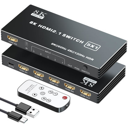 Picture of HDMI 2.1 Switch 5x1, 8K HDMI Switch 5 in 1 Out, Support 8K/60Hz 4K/120Hz HDCP 2.3 HDR10, 5-Port HDMI Switcher Selector Box Compatible with PS3/4/5, Fire Stick, DVD, Xbox Switch and Other HDMI Devices