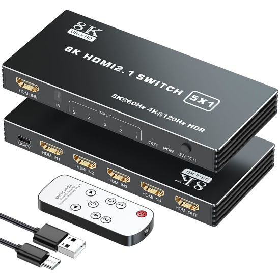 Picture of HDMI 2.1 Switch 5x1, 8K HDMI Switch 5 in 1 Out, Support 8K/60Hz 4K/120Hz HDCP 2.3 HDR10, 5-Port HDMI Switcher Selector Box Compatible with PS3/4/5, Fire Stick, DVD, Xbox Switch and Other HDMI Devices