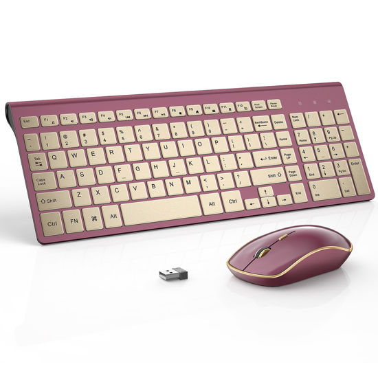 Picture of JOYACCESS Wireless Keyboard and Mouse, 2.4g Slim and Ergonomic Wireless Keyboard Mouse Combo- Full Size and Portable Design for Laptop/Windows/Computer-Wine Red Gold