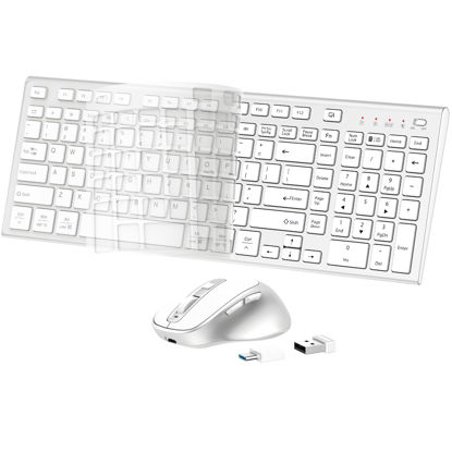 Picture of Wireless Keyboard Mouse Combo, USB Type C Rechargeable Slim Silent Keyboard Mouse, Compact Full-Size Keyboard with Number Pad and Cover for Windows, macOS, PC/Computer/Laptop - Silver