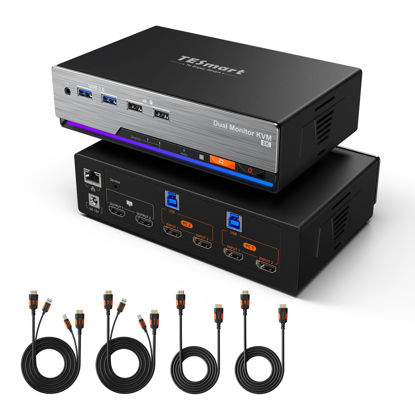 Picture of TESmart 8K@60Hz HDMI KVM Switch 2 Monitors 2 Computers USB 3.0, HDMI KVM Switch Dual Monitor 4K@144Hz for Gaming Dock, Support EDID, Gigabit Network, Hotkey Switch, Audio & Mic with All Input Cables