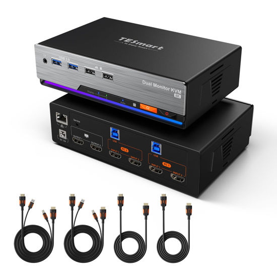 Picture of TESmart 8K@60Hz HDMI KVM Switch 2 Monitors 2 Computers USB 3.0, HDMI KVM Switch Dual Monitor 4K@144Hz for Gaming Dock, Support EDID, Gigabit Network, Hotkey Switch, Audio & Mic with All Input Cables