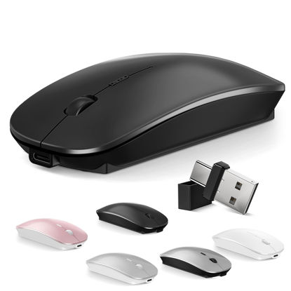 Picture of Bluetooth Wireless Mouse for MacBook Air Mac Pro Laptop Computer iPad Pad PC Optical Rechargeable Silent Mouse with Dual Mode Switch Mouse Bluetooth 5.2/3.0 and 2.4GHz USB-A & USB-C Receiver (Black)