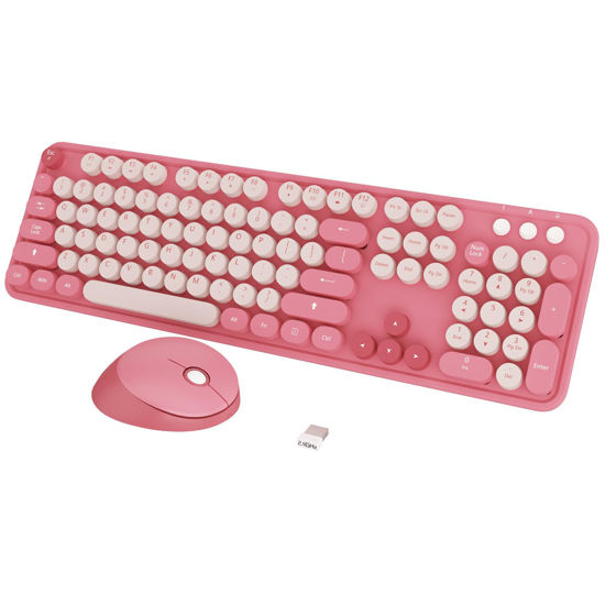 Picture of Wireless Keyboard,KOOTOP Cute Colorful 104 Keys Typewriter Retro Round Keycaps Keyboard for PC Laptop,Desktop,Windows, Home and Office Keyboards(Pink)