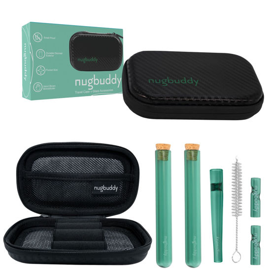 Picture of nugbuddy J-Kit - On The go Travel Case Accessory, No Odor Carbon Lining - Water Resistant Case - Glass Accessories with included Tubes, Tips, and More (Green)
