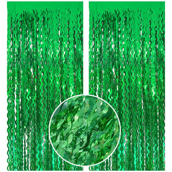 Picture of Green Tinsel Foil Fringe Curtains Wavy Backdrop for Parties Sparkle Metallic Wavy Foil Fringe Backdrop Curtain for Party Decorations Photo Booth Props for Birthday Graduation Wedding