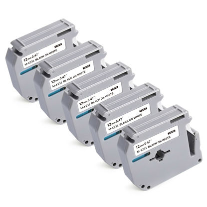 Picture of M-K231s Work for PT-M95 Label Tape PT-65 PT-70BM PTM95 Replace with Brother P Touch M Tape 12mm 0.47 White M-231 MK231 M231 Black on White for Brother PT-90 PT-85 PT-80 PT-55 PT-45,8m 26.2Ft（5Packs）