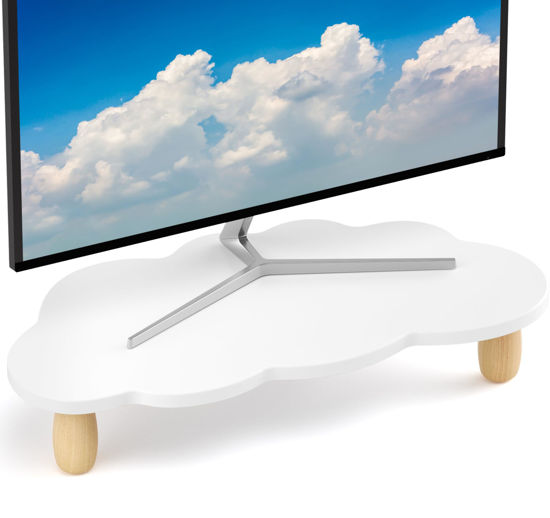 Picture of AFOOYO Monitor Stand Riser,Cloud-Shaped Sturdy Wood Computer Monitor Riser, Laptop Monitor Stand, Multi-Purpose Desktop Organizer Riser for Computer, Laptop, Printer, TV,White