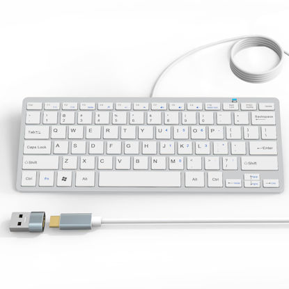 Picture of Ultra-Slim 78keys USB-C Mini Wired Keyboard with Media Hotkeys for Apple Mac Pro, MacBook 56Pro/ iMac, Air, Mac Mini, Laptop Computers, Windows Desktop PC 11/10/8/7, with USB-C to A OTG Adapter,White