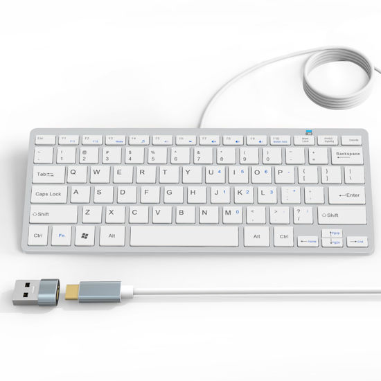 Picture of Ultra-Slim 78keys USB-C Mini Wired Keyboard with Media Hotkeys for Apple Mac Pro, MacBook 56Pro/ iMac, Air, Mac Mini, Laptop Computers, Windows Desktop PC 11/10/8/7, with USB-C to A OTG Adapter,White