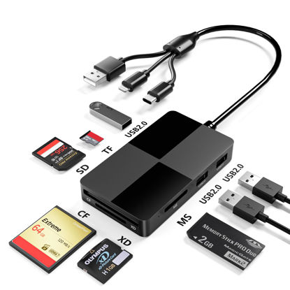 Picture of XD/MS/TF/CF/SD Card Reader for iPhone, 8 in 1 Multi Memory Stick Pro Duo Adapter Hub with 3 USB 2.0 Ports, Lightning+USB A+USB C Memory Card Reader OTG Adapter Supports Micro SD/SDHC/XD Picture Card