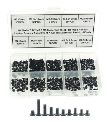 Picture of MCMASKE 10 Kinds M2 M2.5 M3 Undercut Flat Head Phillips Laptop Screws Assortment Kit,Black Dacromet Finish (300)