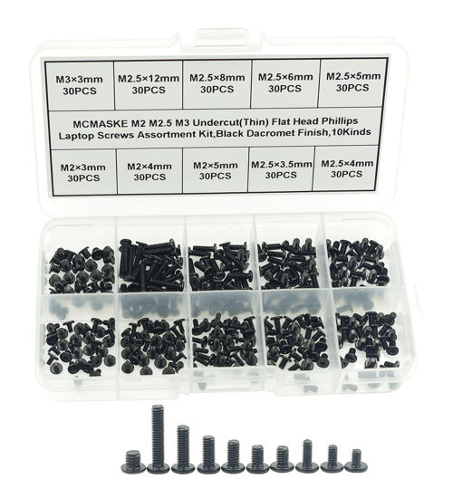 Picture of MCMASKE 10 Kinds M2 M2.5 M3 Undercut Flat Head Phillips Laptop Screws Assortment Kit,Black Dacromet Finish (300)