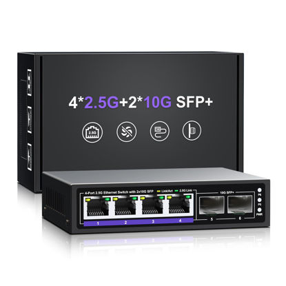 Picture of 6 Port 2.5G Unmanaged Ethernet Switch, 4 x 2.5G Base-T Ports, 2 x 10G SFP+, Compatible with 100/1000/2500Mbps, Metal Fanless, Desktop/Wall Mount NICGIGA 2.5Gbe Network Switch for Wireless AP, NAS, PC