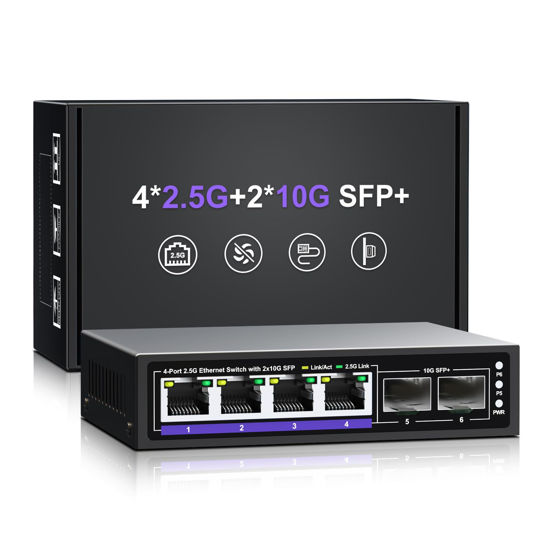 Picture of 6 Port 2.5G Unmanaged Ethernet Switch, 4 x 2.5G Base-T Ports, 2 x 10G SFP+, Compatible with 100/1000/2500Mbps, Metal Fanless, Desktop/Wall Mount NICGIGA 2.5Gbe Network Switch for Wireless AP, NAS, PC