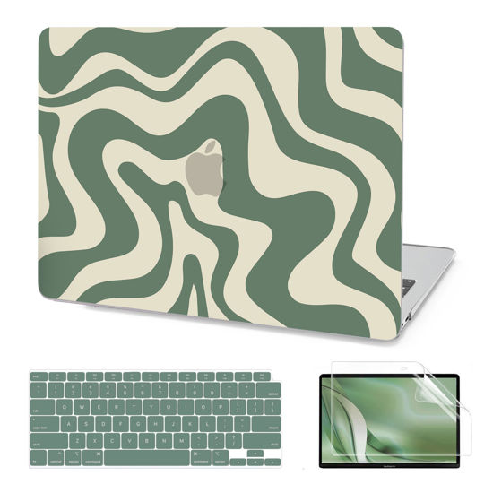 Picture of AKIT Compatible with MacBook Air 13 Inch Case M1 2022 2021 2020 2019 2018 A2337 A2179, Pattern Hard Shell Laptop Case + Screen Protector + Keyboard Cover Case for Mac Book Air 13.3 Inch, Green Wave