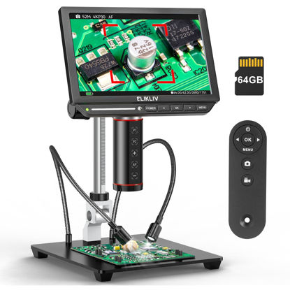 Picture of Elikliv Autofocus 4K Digital Microscope EM4K-AF, 8" Coin Microscope, 52MP HDMI Microscope, Soldering Microscope for Electronic Repair, LCD Microscope for Adults, UHD Video Microsocpe, 10" Stand, 64G