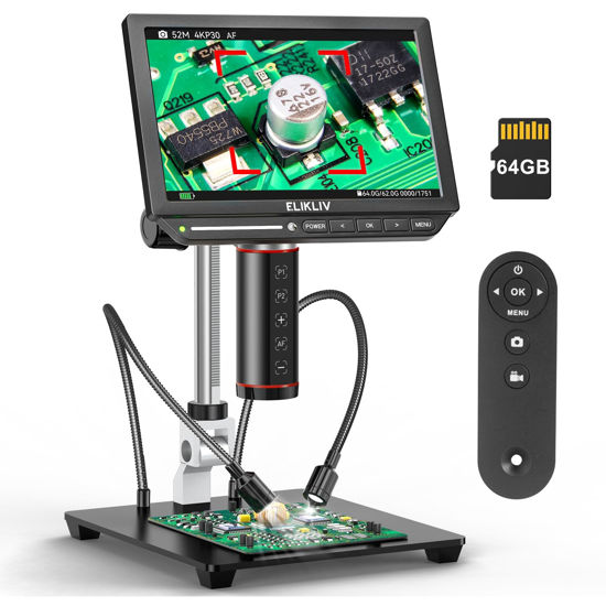 Picture of Elikliv Autofocus 4K Digital Microscope EM4K-AF, 8" Coin Microscope, 52MP HDMI Microscope, Soldering Microscope for Electronic Repair, LCD Microscope for Adults, UHD Video Microsocpe, 10" Stand, 64G