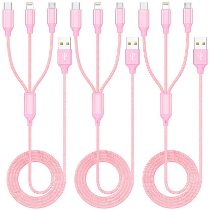 Picture of Multiple Charger Cable 3Pack 4FT Multi Charging Cable Rapid Nylon Braided Cord USB Charging Cable 3 in 1 Multi Phone Charger Cord with Type C Micro Lightning USB Connectors for Cell Phones Pink