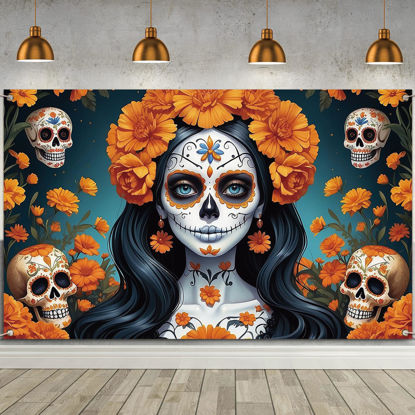 Picture of Dia De Los Muertos Backdrop for Photography Day of The Dead Banner Gothic Halloween Mexican Fiesta Sugar Skull Decorations and Supplies for Home Altar Ofrenda